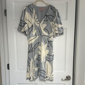 Gray and Cream Leaf Print Mini Dress